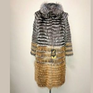 Luxury stripped 100% real silver red fox fur coat